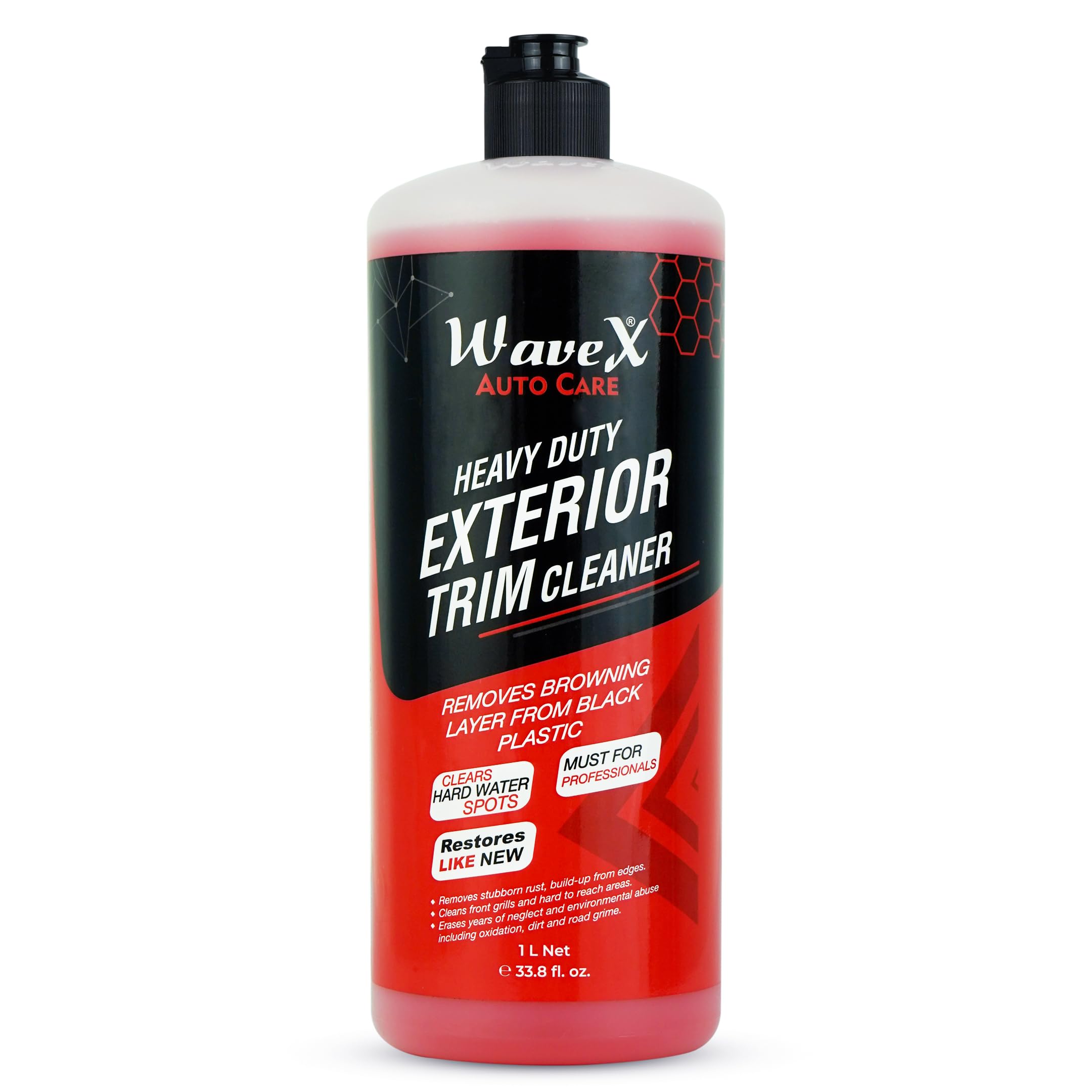 WaveX Heavy Duty Car Exterior Trim Cleaner 1 LTR | Removes Browning Layer from Black Plastic, Stubborn Rust, Hardwater Spots, and buildup from Edges, Cleans Logo and Grills