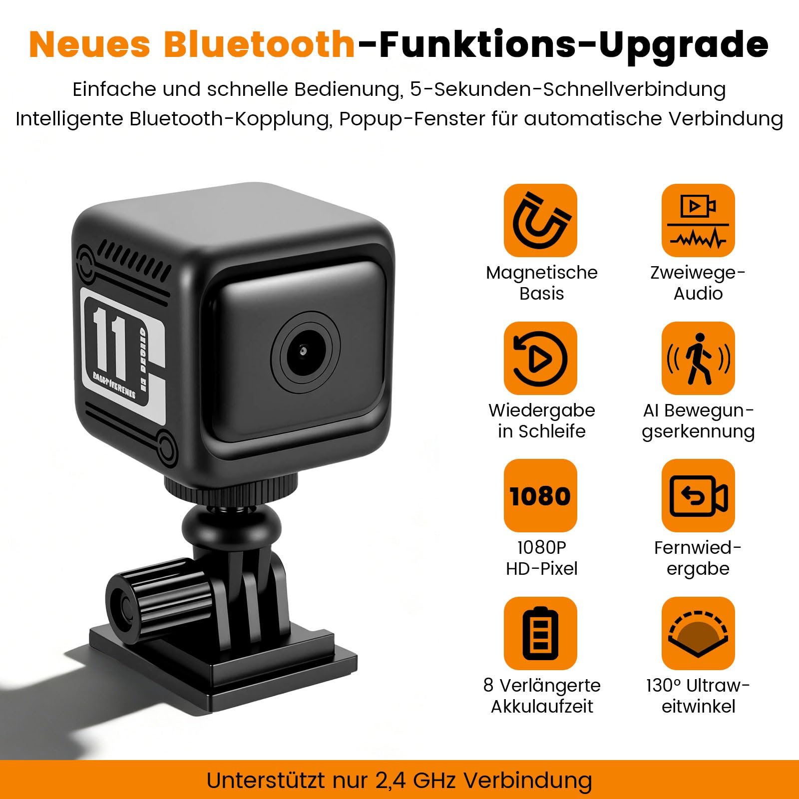 Camera Espion, 1080P Mini Caméra de Surveillance WiFi 2.4G Intérieur/Extérieur, Autonomie de 8 heures, Vision Nocturne 130° Grand Angle, Détection de Mouvement AI, Mic 38 dB, Mini Caméra de Sécurité