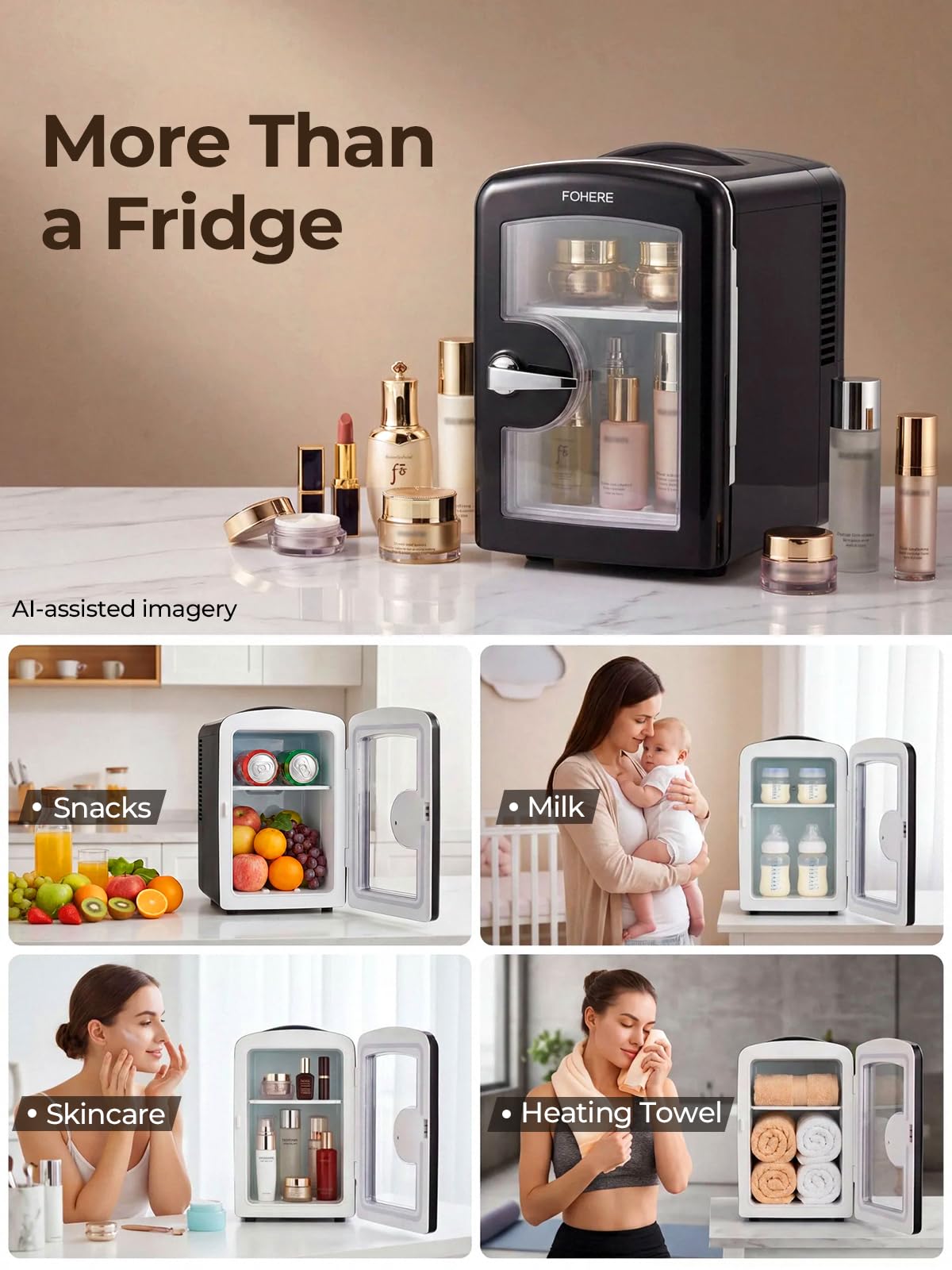 FOHERE Mini frigo da Camera, 4L Frigorifero Piccolo, 220V CA/12V CC, Raffreddamento e Riscaldamento, Nero