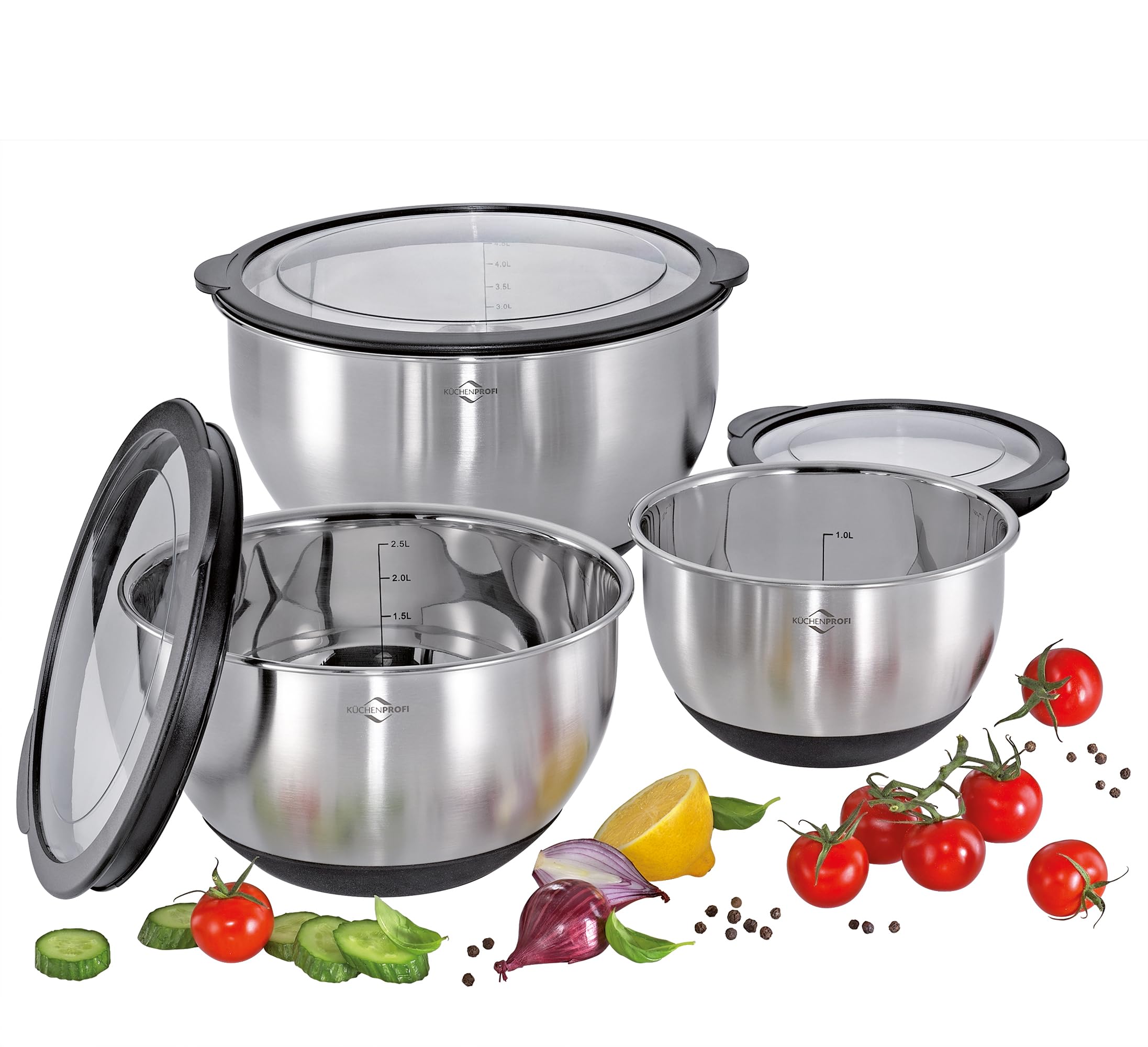Küchenprofi Schüssel-Set DELUXE 3-tlg., Ø 16/20/24 cm – 1,5/2,5/4,5 L, Edelstahl mit Deckel, Innenskala, Silikonboden, Küchenschüssel Set, Salatschüssel, Rührschüssel, Servierschüssel