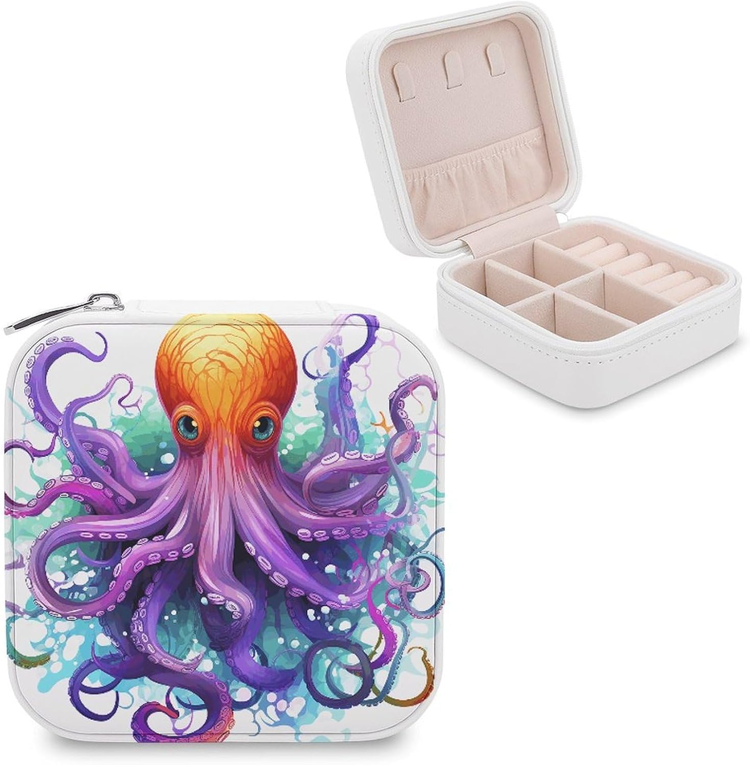Colorful Octopus Jewelry Box Portable Mini Travel Case Display Storage Holder Boxes PU Leather Small Jewelry Organizer for Women for Stud Earrings Rings Necklaces Bracelets