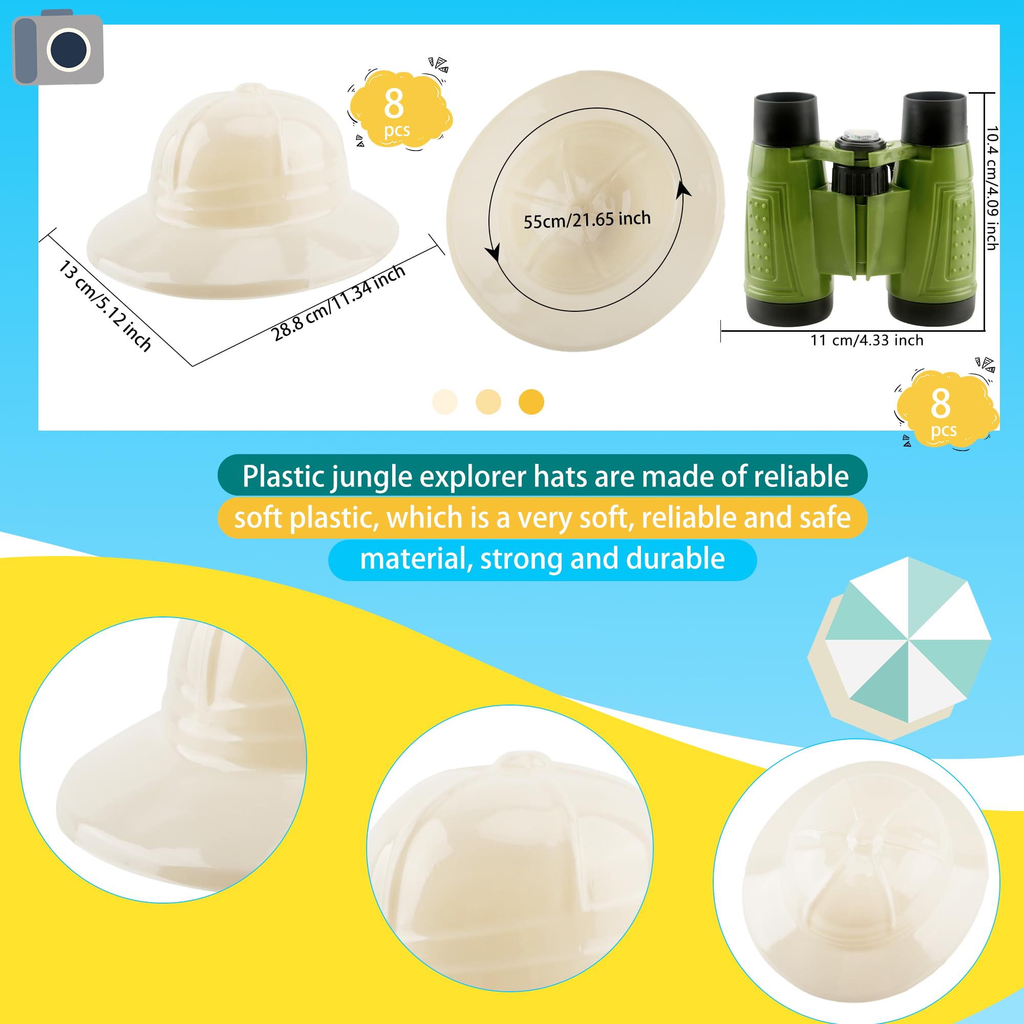 Puteraya 16 Pcs Kids Safari Party Favors Kit 8 Plastic Binoculars Toys 8 Explorer Hats for Boys Girls Bird Watching Costume Dress Up Gifts Jungle Pretend Play - Image 2