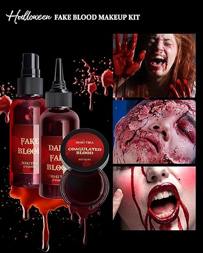 Miniatura 7 de Maquillaje de sangre falsa para Halloween, espray de sangre falsa de 2.03 onzas + sangre que gotea 2.03 onzas, sangre falsa lavable realista para