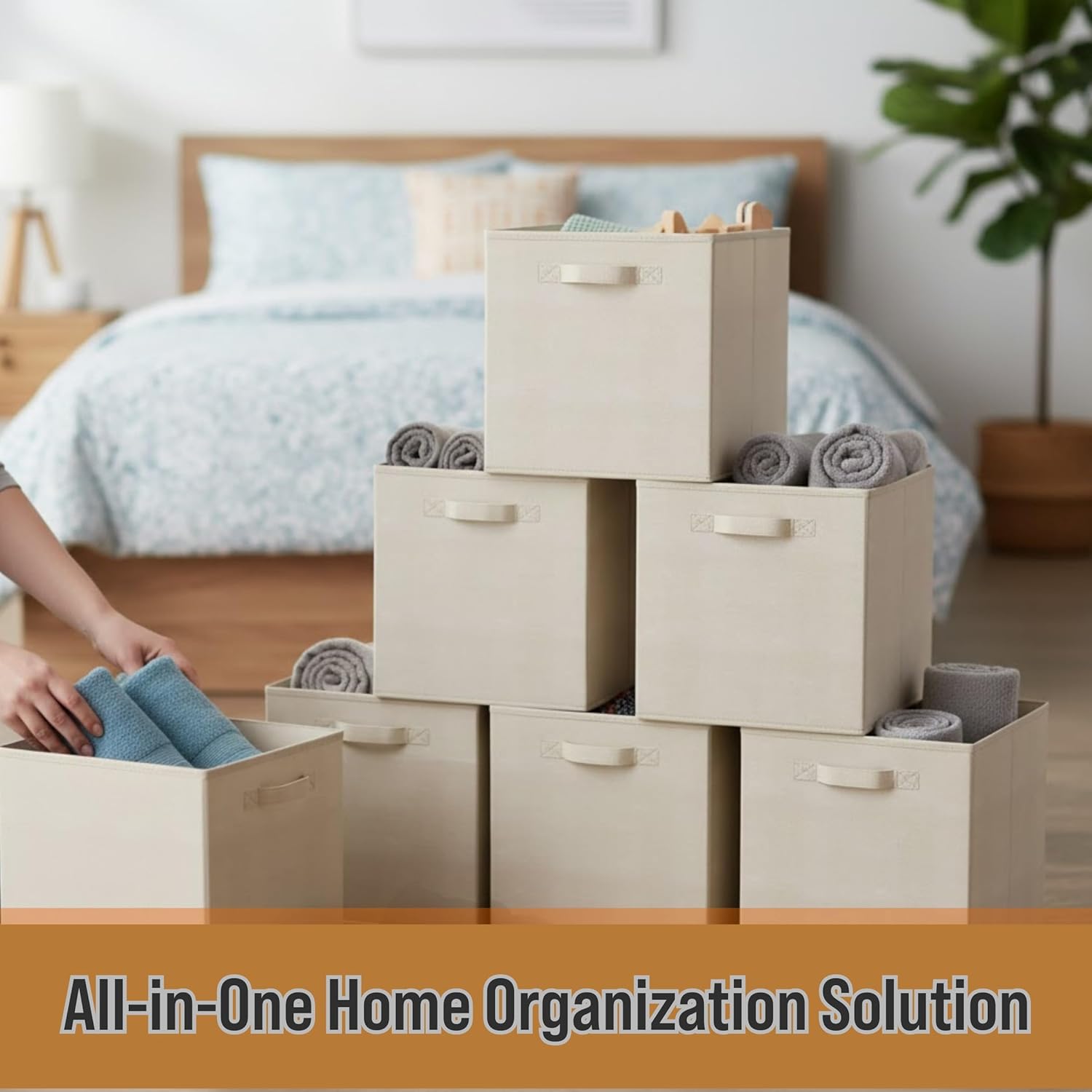 Home-Complete Fabric Storage Cubes - 8-Piece Collapsible Cube Storage Bin Set for Shelves - For Organizing the Home, Office, Playroom, and Nursery (Beige)