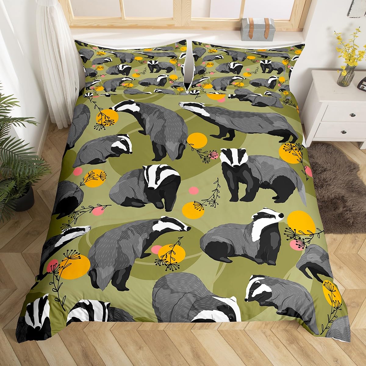 Cartoon Animals Comforter Cover Super King,Cute Badgers Bedding Set for Kids Boys Girls Bedroom Decor,Woodland Wild Animals Duvet Cover Polka Dots Decor Quilt Cover Badger Decorations 3 Pieces
