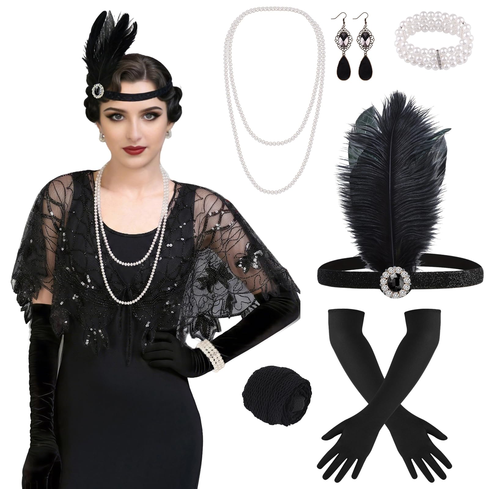 ELECLAND 10 Pieces 1920s Flapper Great Gatsby Accessories Set Fashion Roaring 20's Theme Set with Headband Headpiece Long Black Gloves Necklace Earrings for Women (Black (Style 8))