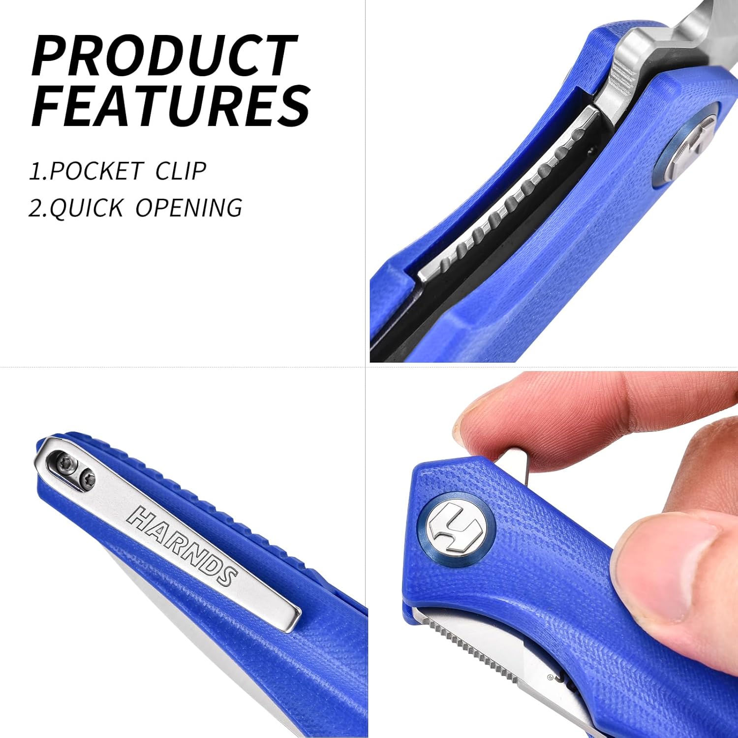 Harnds Qingluan Folding Knife with Pocket Clip, D2 Steel Blade 3.54'' and G10 Handle Outdoor Adventure knife EDC Camping Knife (Blue)