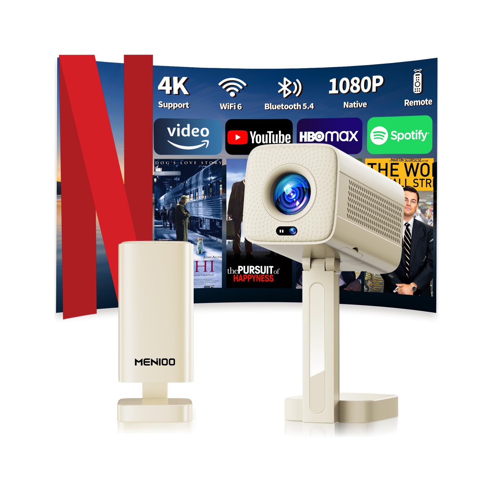 Mini Projector 4K【App integrata& Auto Focus Auto Keystone】Support 1080P, Mini Proiettore con WiFi 6 e Bluetooth 5.4 e Rotabile 90°, Portable Projector per Home Theater con HDMI/TV Stick/Laptop -Beige