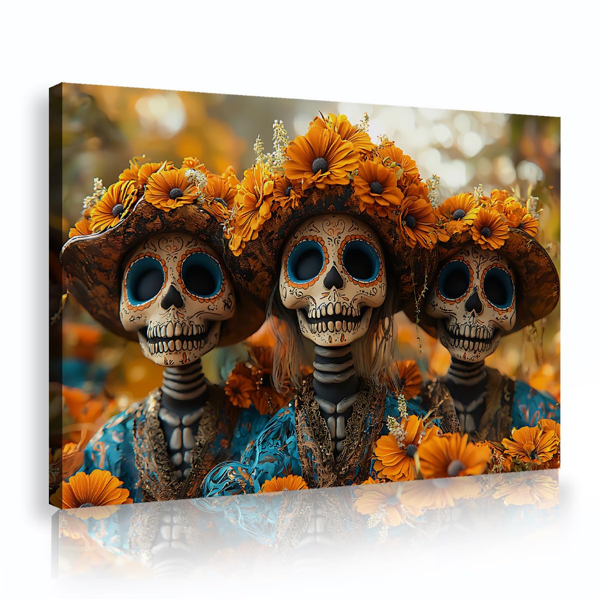 Abstract Halloween Canvas Wall Art Golden Marigold Flowers Skeleton Artwork Poster Mexican Folk Art Canvas Prints for Dining Room Office Innerframe 85x120cm