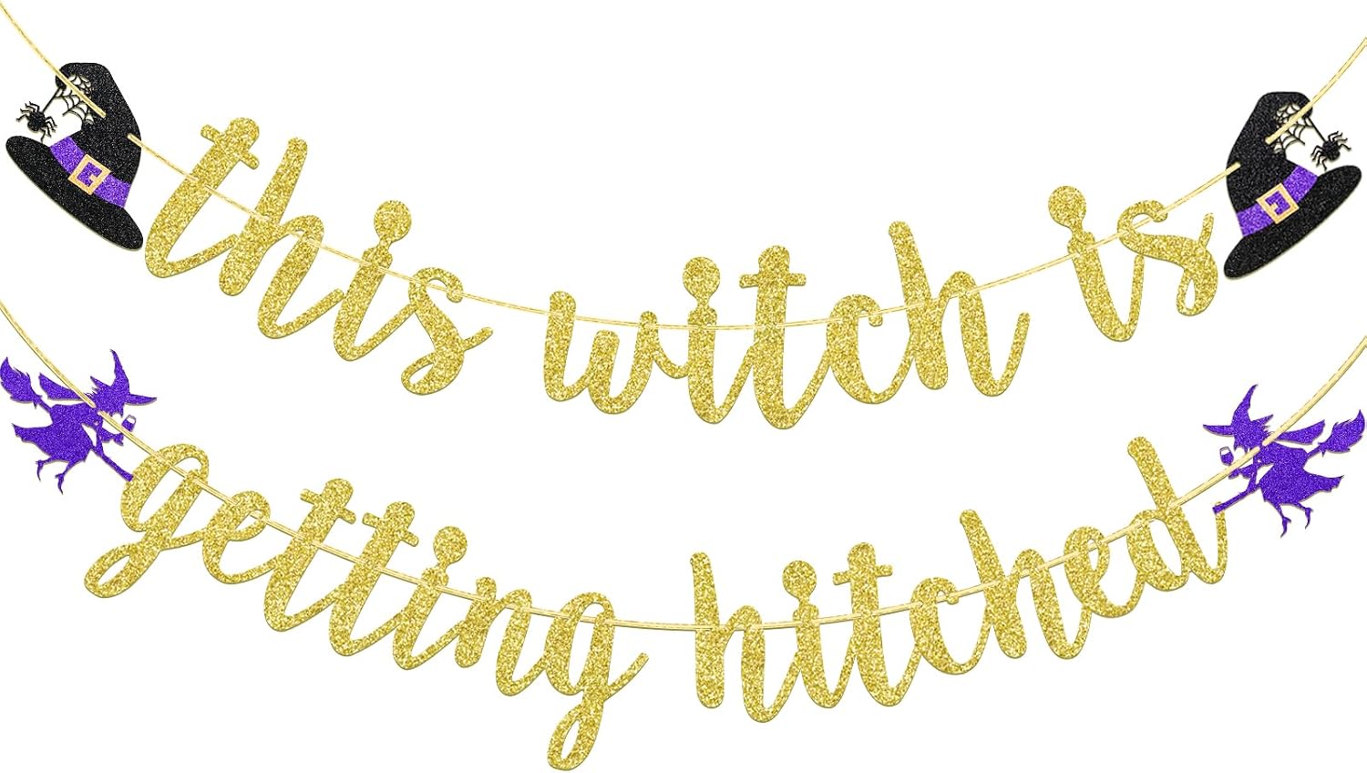 This Witch Is Getting Hitched Banner with Hat and Witch Sign, Pre-assembled Halloween Bachelorette Decorations for Bridal Shower, Engagement, Wedding Party Supplies, Gold Glitter