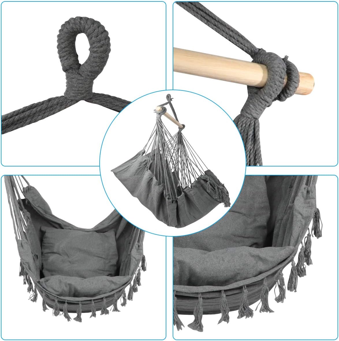 Hammock Chair, Hanging Rope Swing Seat for Indoor Outdoor, Soft Durable Cotton Canvas, 2 Cushions Included, Large Reading Chair with Pocket for Home, Bedroom, Patio, Porch (B-Gray)