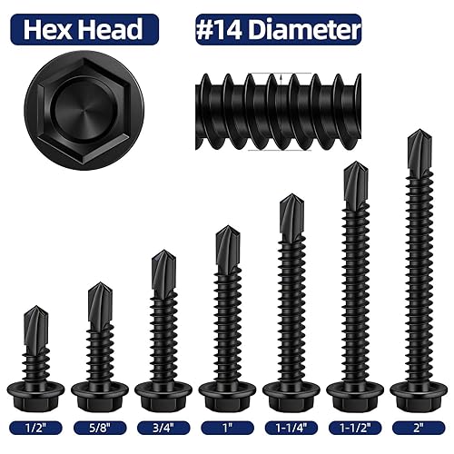 Miniatura 3 de MewuDecor #14 x 1 (34 a 4 pulgadas disponible) Tornillos de chapa autoperforantes con punta de taladro, acero inoxidable 410, óxido negro, 50