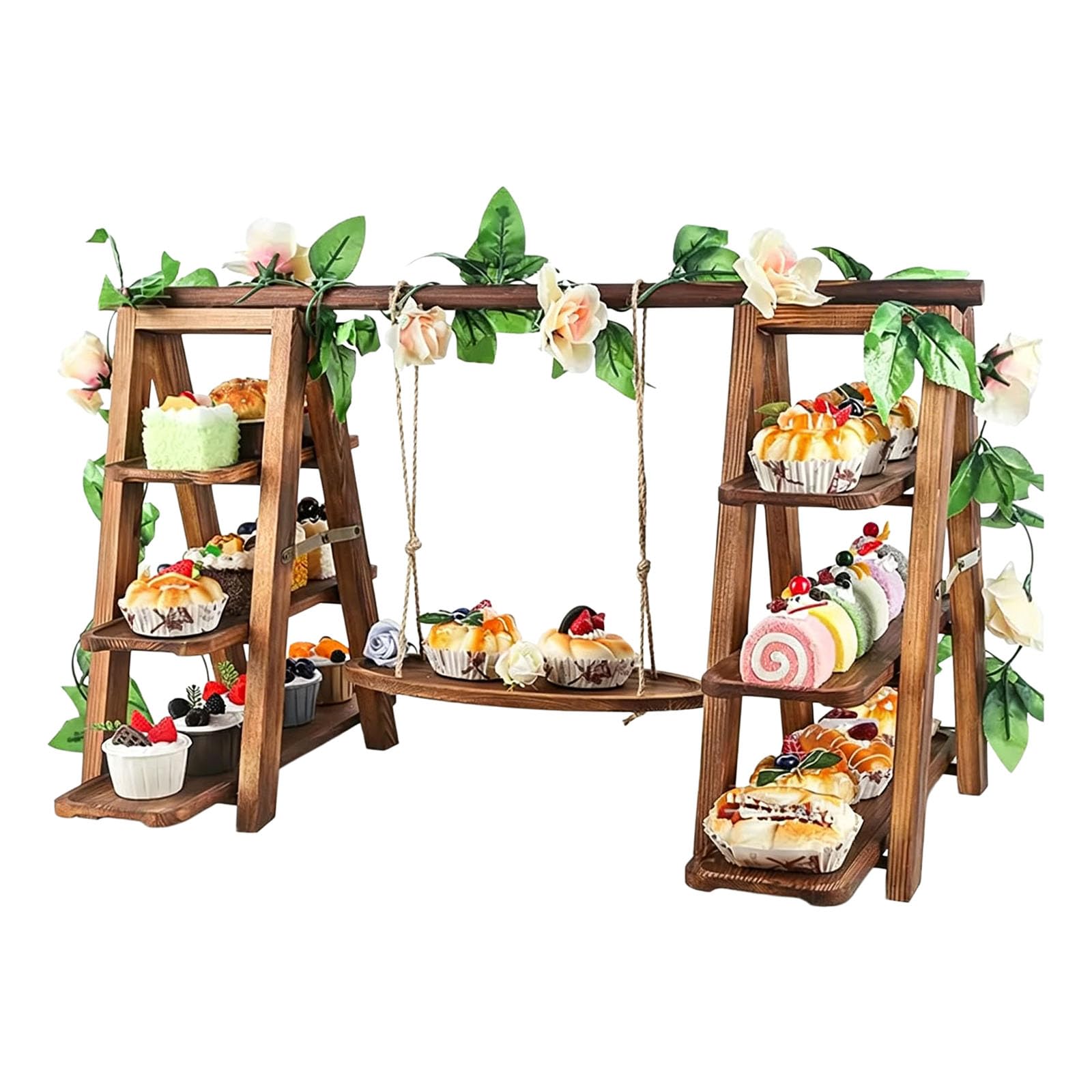 MALSSE Natural Wood Swing Frame Featuring Large Trays Suitable for Pastries and Tabletop Displays Natural Wood Cupcake Holder