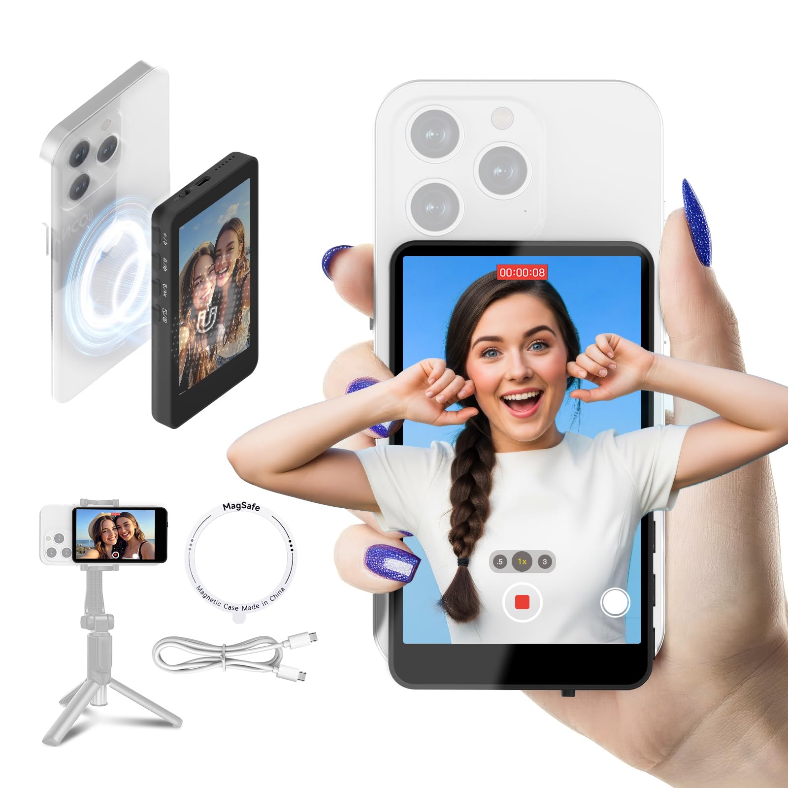 SYNCO XView Monitor para Teléfono iPhone y Android, Pantalla Magnética para Selfie Vlog Inalámbrico 50M Batería 3H, Altavoz Integrado para TikTok Youtube (Negro)