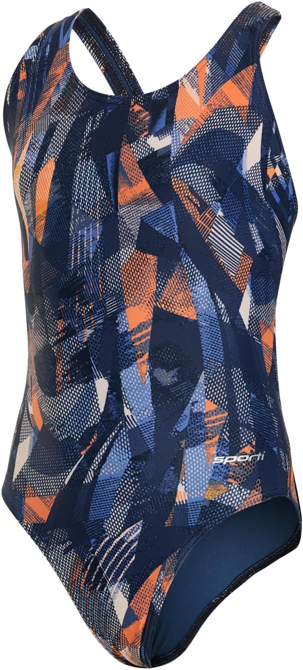 Sporti Wide Strap Girls' Athletic One-Piece Swimsuit – Printed Pattern Competitive Bathing Suit, Racerback Style for Girls