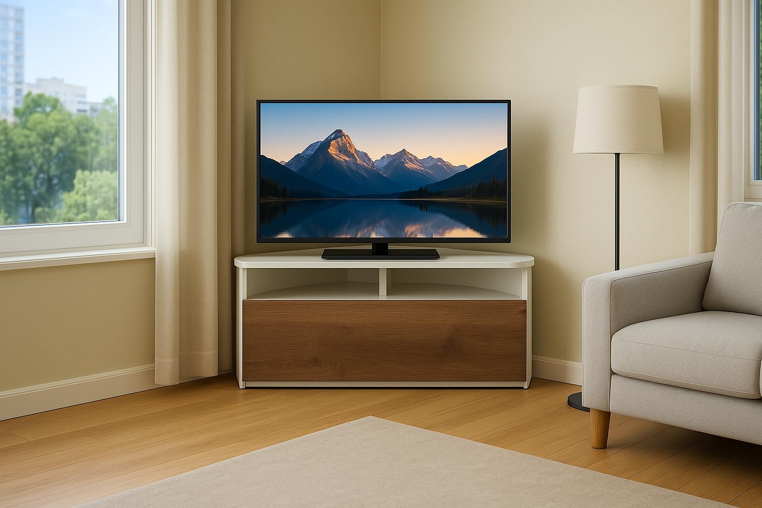 RO&CO Sonorous TRD100-WHWN | Mueble TV Esquinero Blanco 100 cm | Puerta Abatible Nogal | Diseño Moderno para Salón | Almacenamiento Oculto | Soporta hasta 40 kg | Mueble TV de Esquina.