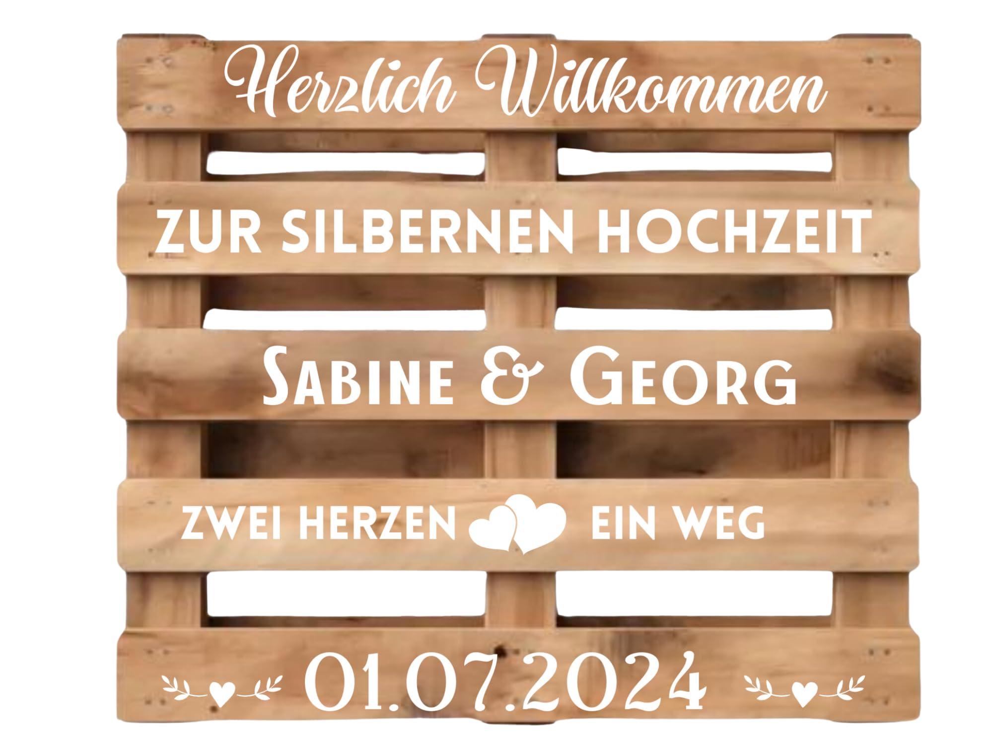 Palettenaufkleber Silberhochzeit personalisiert mit Namen und Datum in Schwarz oder Weiß, Aufkleber für Palette, passend für Europalette, Diy Hochzeitspalette, Klebeschrift