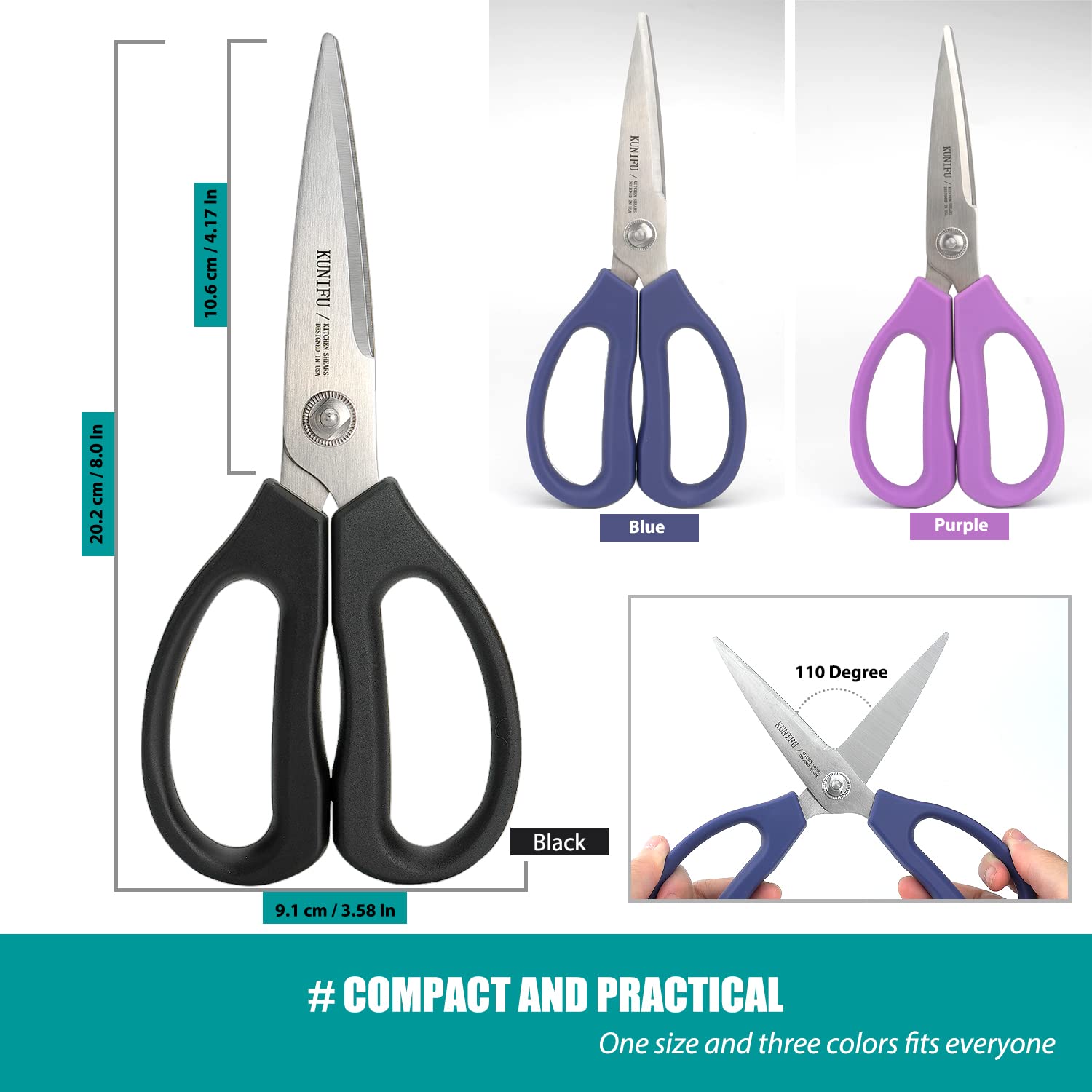 Kunifu, forbici multiuso da cucina, lavabili in lavastoviglie, forbici ultra affilate in acciaio inox per alimenti, forbici resistenti per pollo, carne, pesce, erbe aromatiche, viola