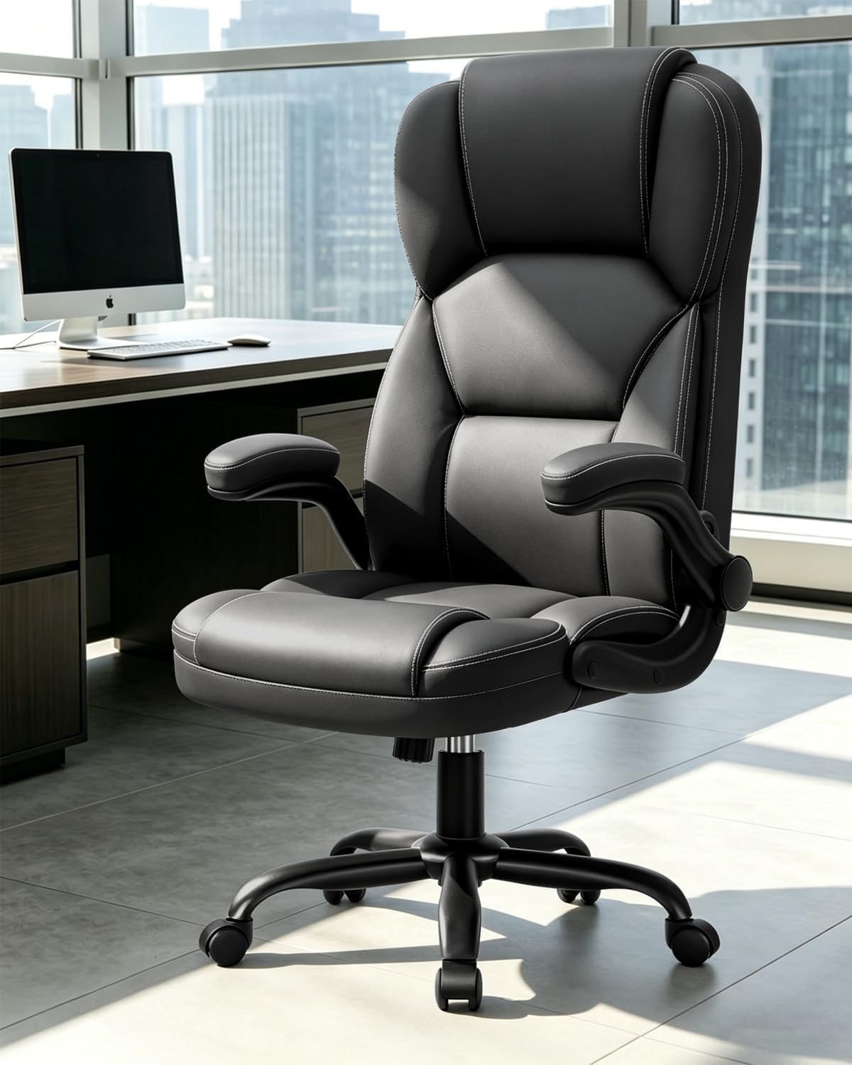 Brick Attic Leather Office Chair with Flip Up Arms, 360° Swivel Ergonomic Desk Chair with Rocking Function, Adjustable Height Computer Chair with Padded Seat for Home Office, Study Room, Black