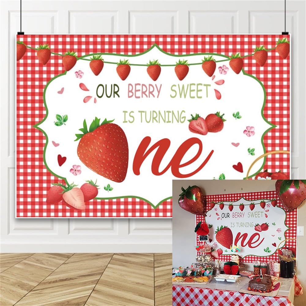 1st Birthday Strawberry Backdrop for Photography 5x3ft Red Lattice Our Berry Sweet is Turning One Background Girls Boys Birthday Party Cake Table