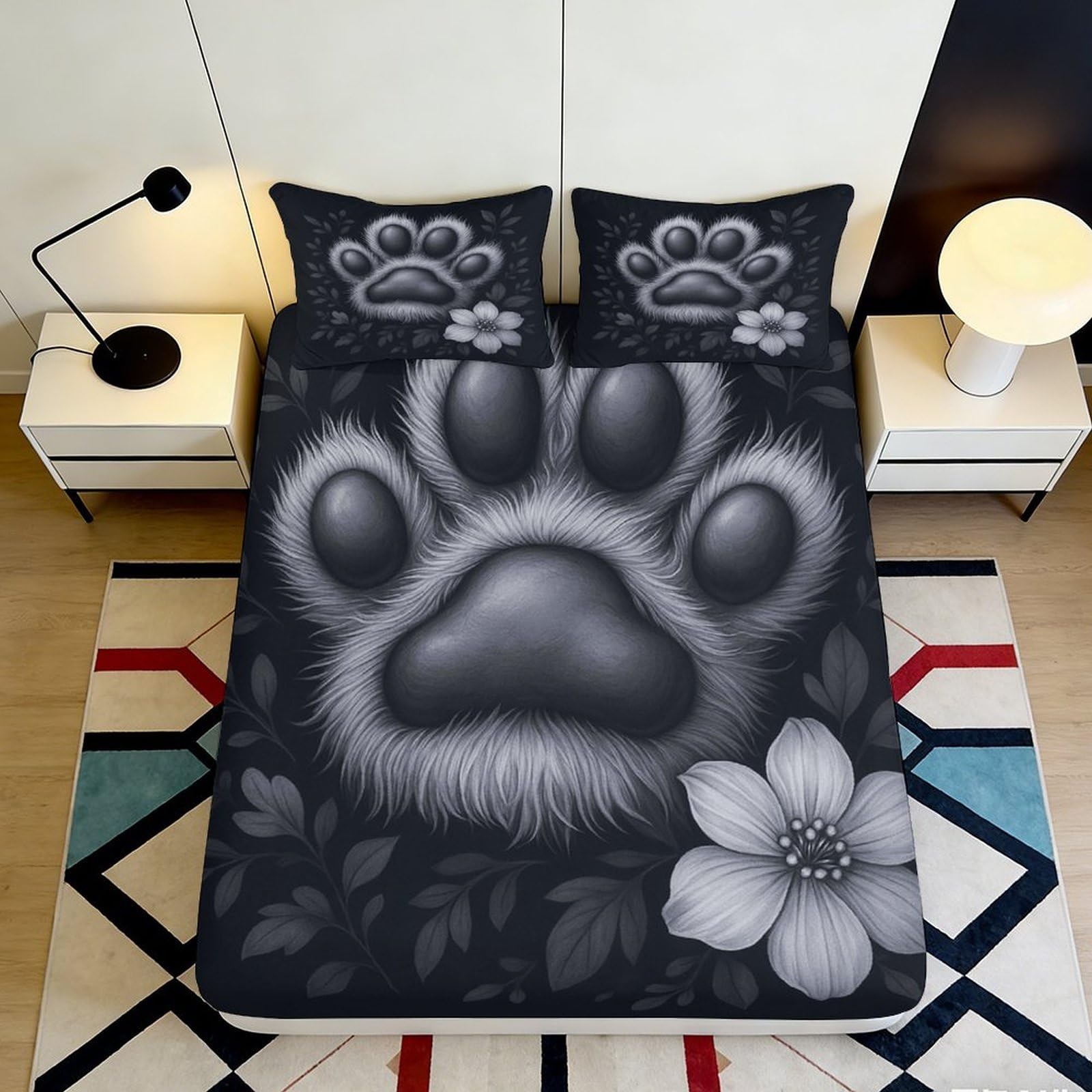Pnayamiorkfel Style-5 3D Printed Paw Flower Fitted Sheet Microfiber Non-Slip Bed Cover Bedroom Decor Machine Washable 90X200x25cm
