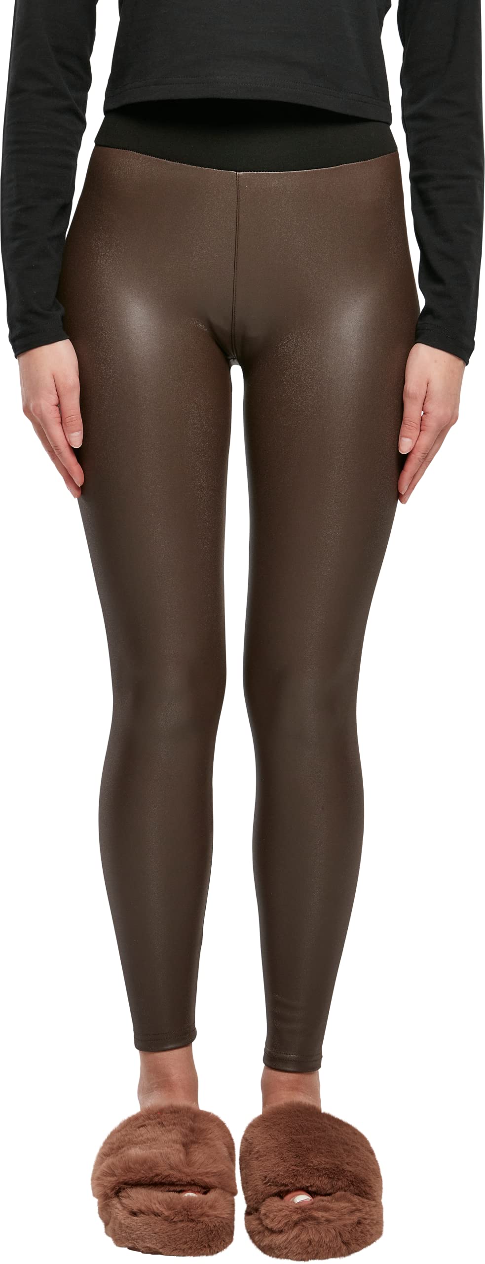 Urban Classics Women's Leggings with High Waist-Ladies Faux Leather Treggins Yoga Pants, Brown, XL