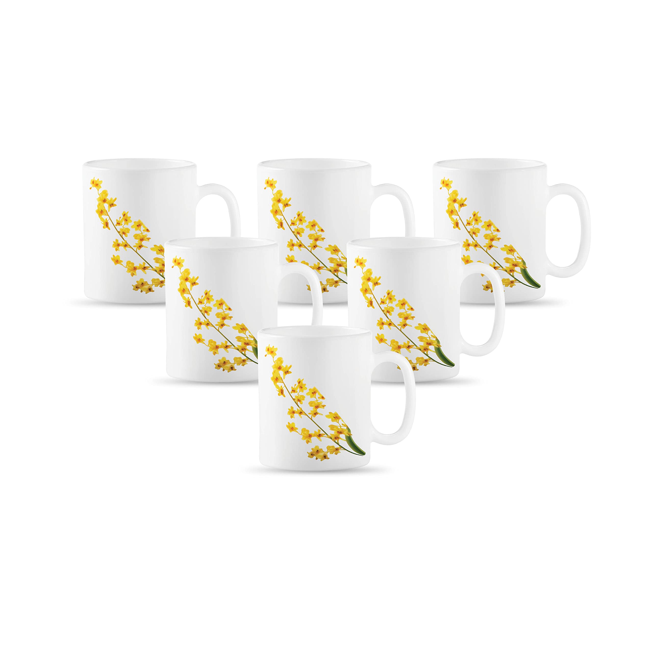 La Opala Diva, Opal Glass Coffee Mug Set Cylinder Medium 6 pcs, Yellow Grace, White