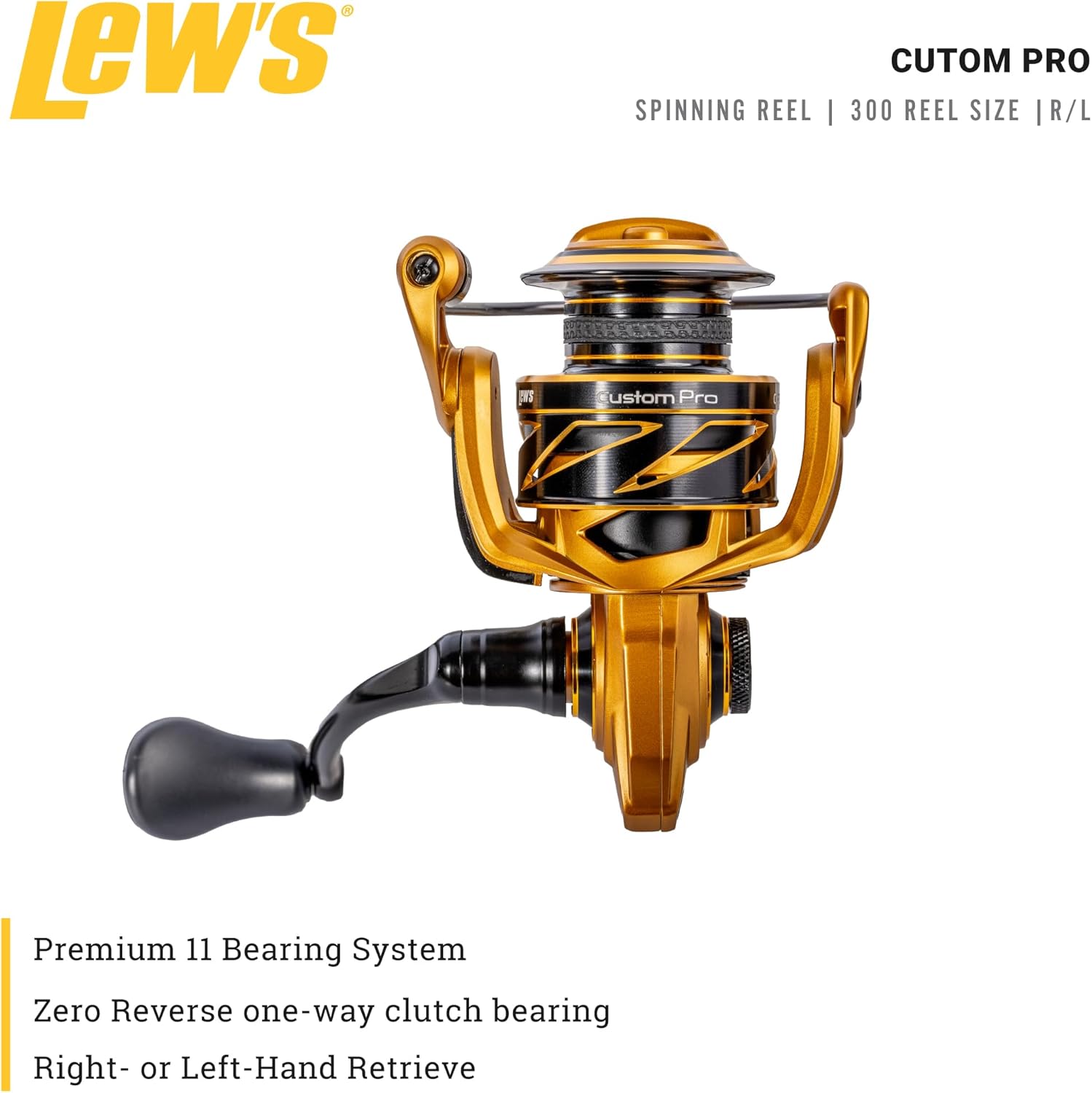 Lew’s Custom Pro 300 Spinning Reel, Size 300 Reel, 10+1 Bearings, 6.2:1 Gear Ratio, Aluminum Frame and Sideplate, Aluminum Speed Gears