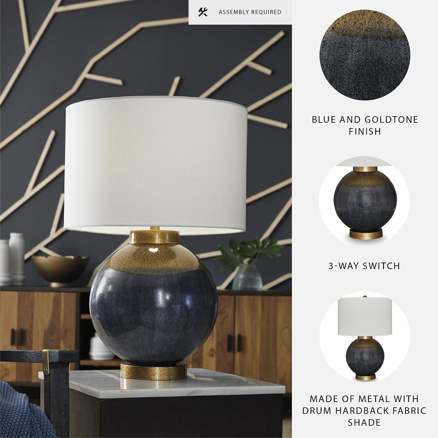 Signature Design by Ashley Table Lamp, Retro Blue with Gold Base | Dark fabric drum shade over a gold table lamp base with 3-way switch, Tall table lamps for living room, Adara Series