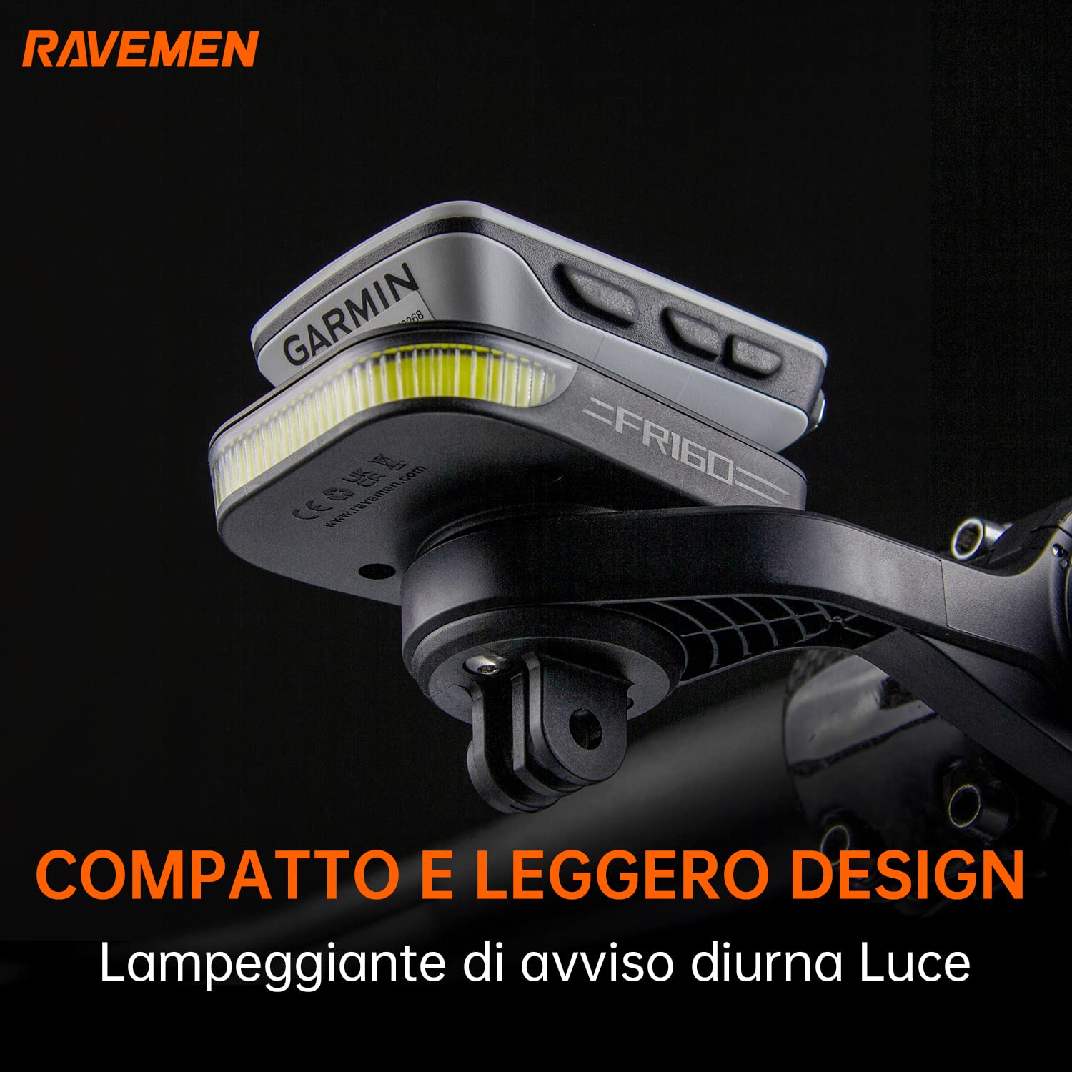 RAVEMEN FR160 Compatibile con Garmin Ciclocomputer, 6 modalità di illuminazione Ciclismo Accessori per Luce Lampeggiante di avvertimento,Type-C IPX6 Impermeabile (Brevetto Protetto)