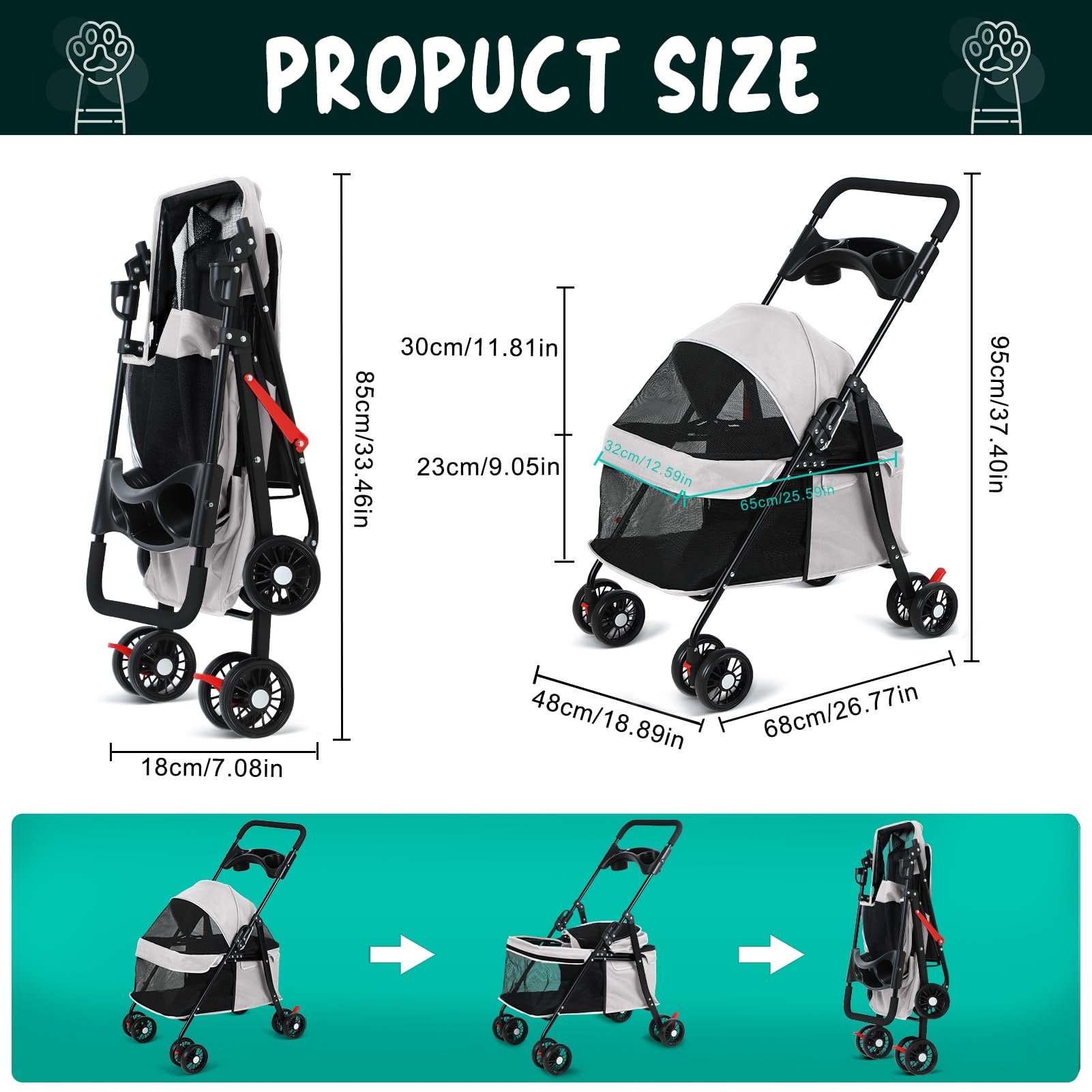 Cochecito para perros y gatos con portavasos, cochecitos plegables para perros pequeños, cochecitos medianos, cochecitos pequeños para mascotas, malla transpirable y visible, hasta 22 libras, color