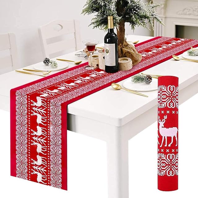 Table Runners, Red Linen Christmas Table Runners Tablecloth with White Reindeer Pattern, Non-slip Long Xmas Table Cloth Christmas Runner for Christmas Dinning Tables Decorations 12 x 108 Inch