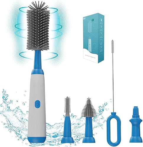 Juego de cepillos eléctricos para botellas, limpiador de botellas con rotación de 360, cepillo de silicona reemplazable de 3 tamaños, cepillo para