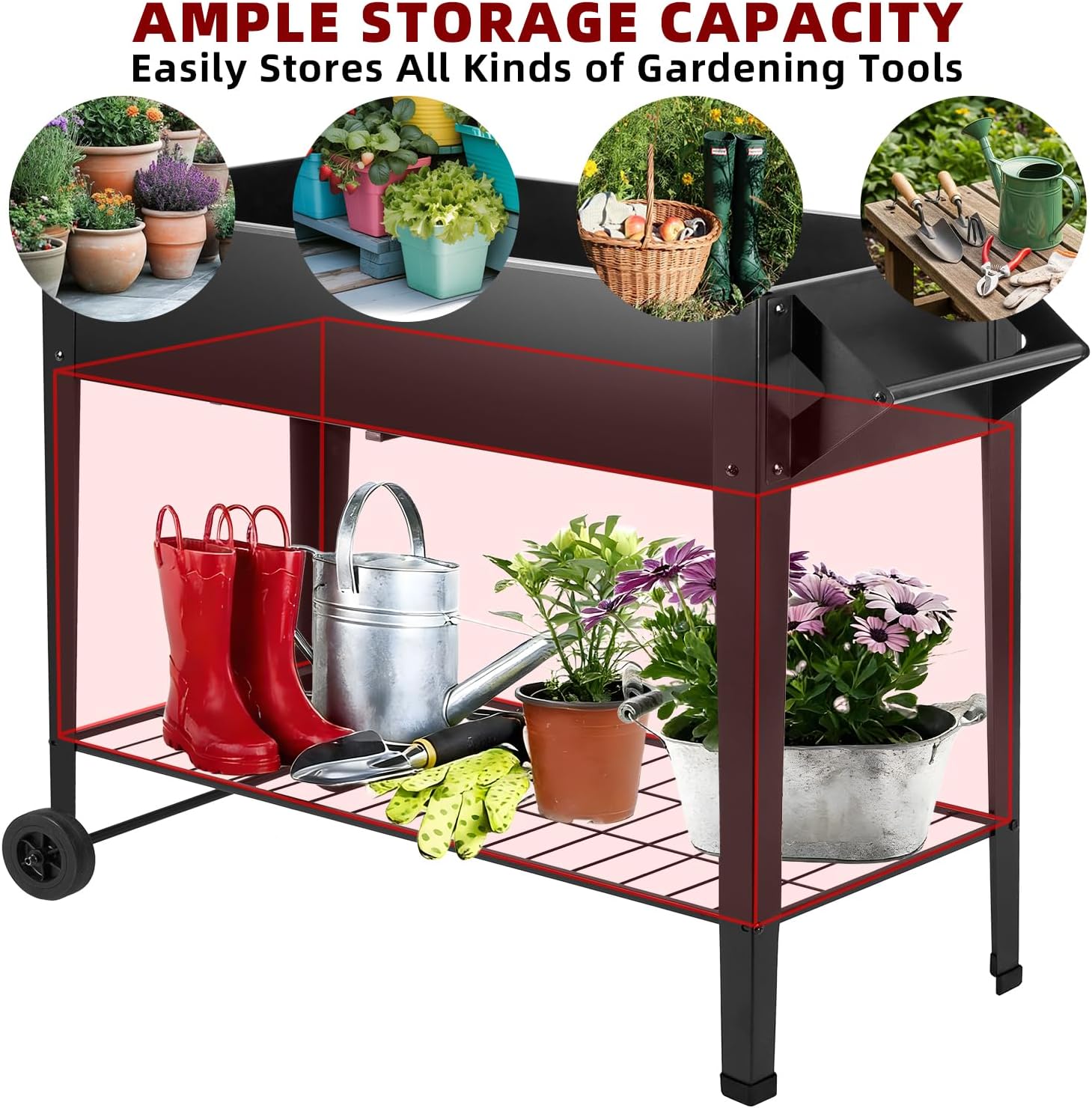 32" Tall Raised Garden Bed Outdoor with Wheels & Storage Shelf or Mobility,Mobile Anti-Rust Steel Planters for Outdoor Plants,Planter Box for Vegetables/Flower/Herbs,Patio-Balcony-Backyard