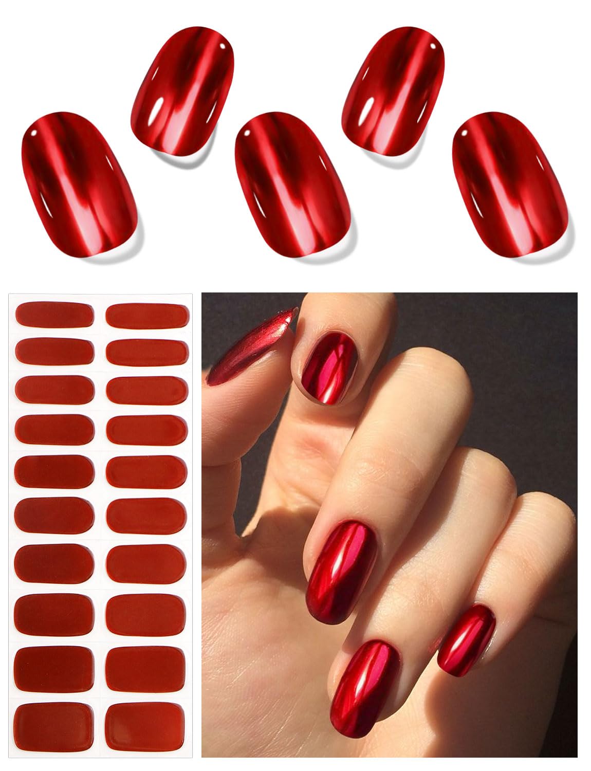 JMEOWIO Gel Nail Stickers Dark Red Semi Cured Gel Nail Strips Wraps UV/LED Nails Art Design Decoration Accessories - Image 2
