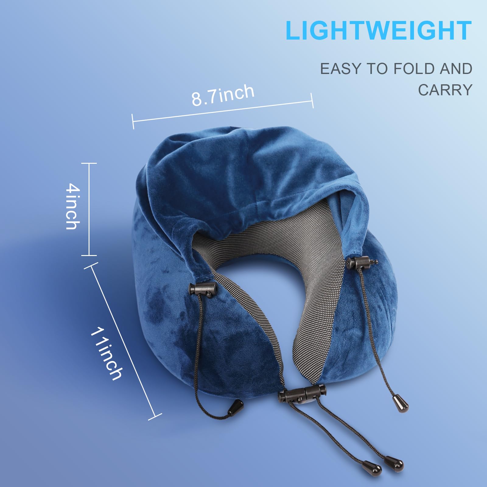 Ustenroya Hooded Travel Neck Pillow with 100% Pure Memory Foam - Ergonomic Support for Airplane, Car, Office, Train & Long Flights | Portable Sleeping Aid (Blue)
