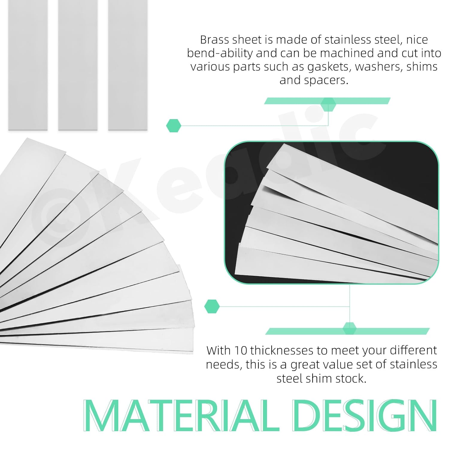 Keadic 10Pcs Shim Stock Assortment, Stainless Steel Strips Metal Shim Stock Metal Shims, Thickness, 0.0007", 1" Width x 6" Length