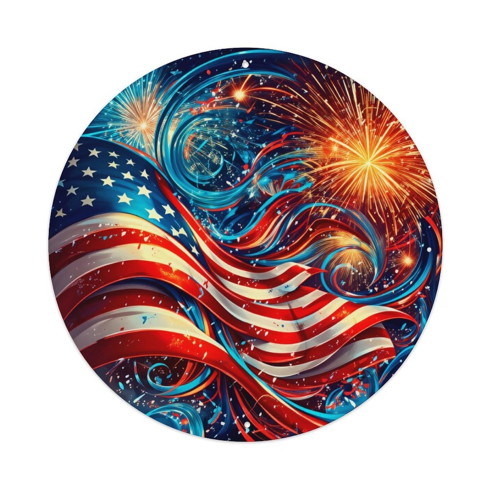 American Flag Fireworks Swirl Pattern Vintage Round Tin Sign Retro Metal Wall Decor Metal Poster, Home Bar Garage Cafe Wall Art Decoration 8x8Inches
