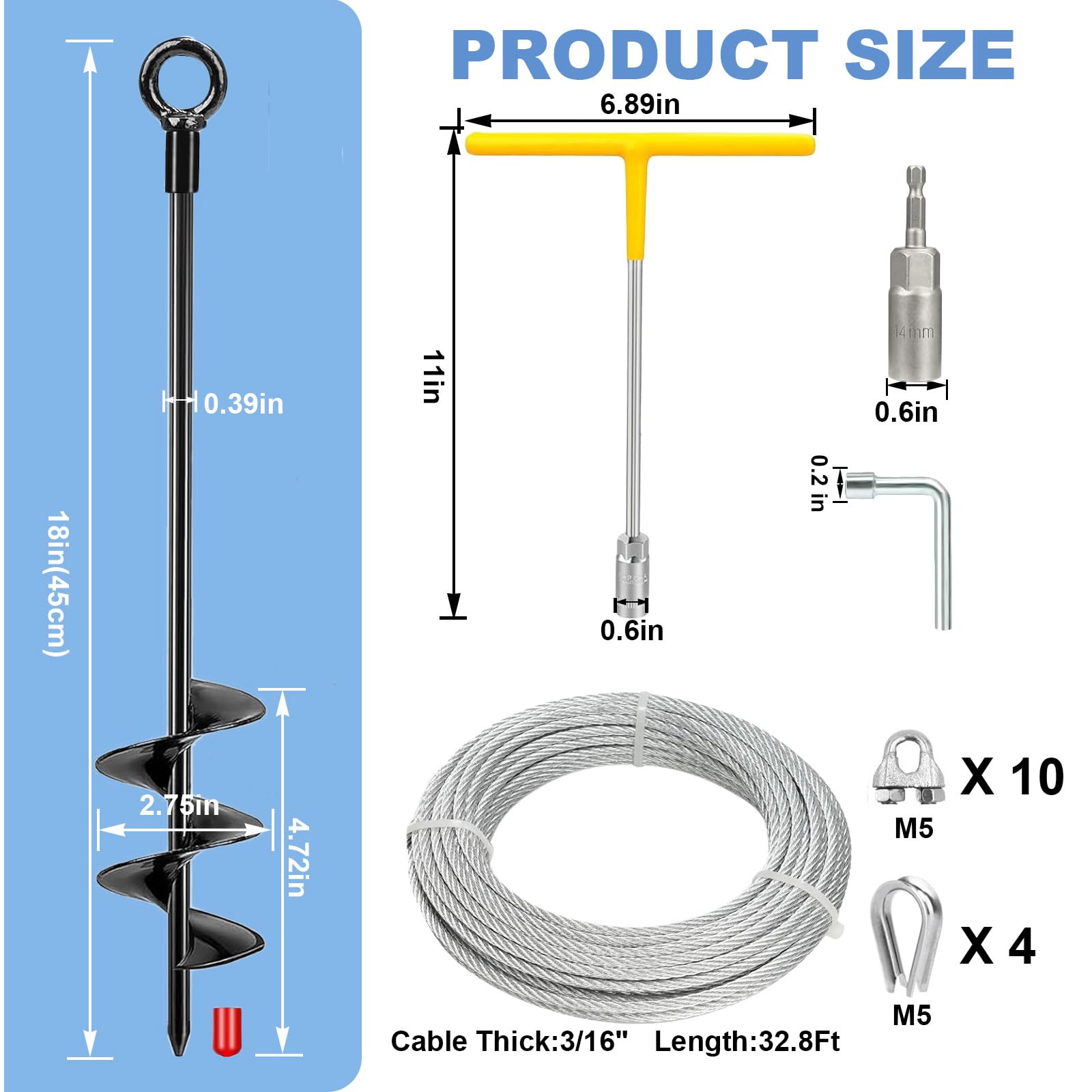 Kit di 4 ancoraggi resistenti da 45,7 cm con cavo zincato da 3/16" e accessori – sicuro capannoni, trampolini, tettoie, gazebo, tettoie, tettoie, tettoie, tettoie, tettoie, tettoie, posto auto coperto