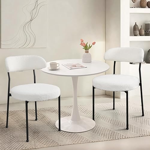 Juego de mesa y sillas de comedor 31.5" Mesa redonda blanca y 2 sillas tapizadas en bouclé con patas negras para cocina, comedor, espacios pequeños,