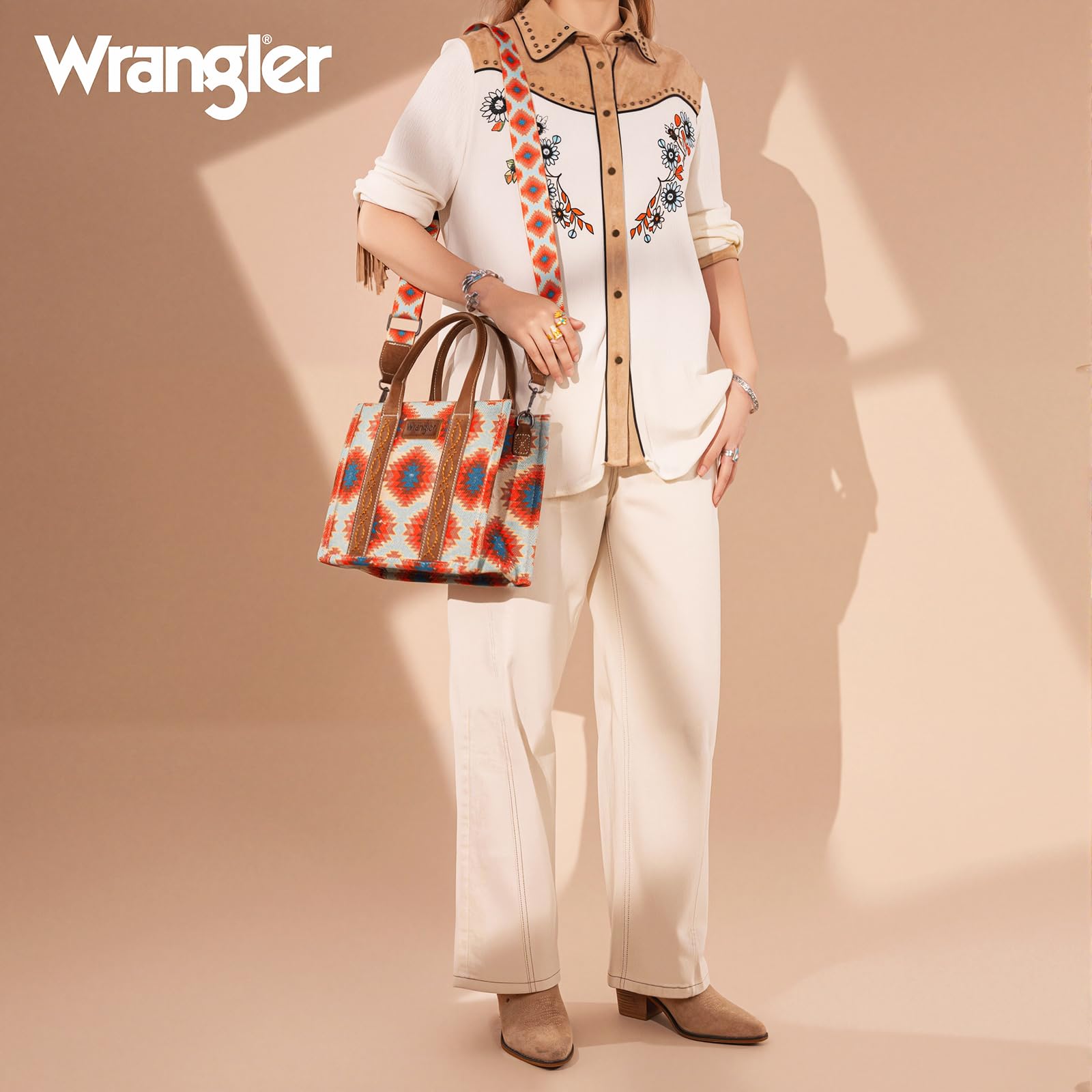 Wrangler Tote Bag for Women Aztec Shoulder Purses Western Handbags Boho Satchel Top-Handle with Distressed Look WG221-8120RD