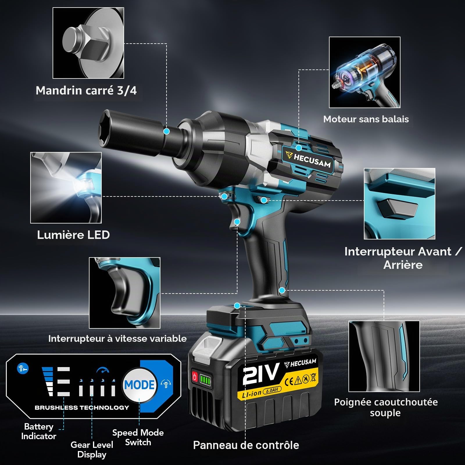 2100 N.M Clé à Chocs Sans Fil Brushless, 3/4" Boulonneuse A Choc Electrique Avec 2 Batterie, Adaptateur 1/2", Visseuse A Choc Pour Voitures Et Machines Lourdes