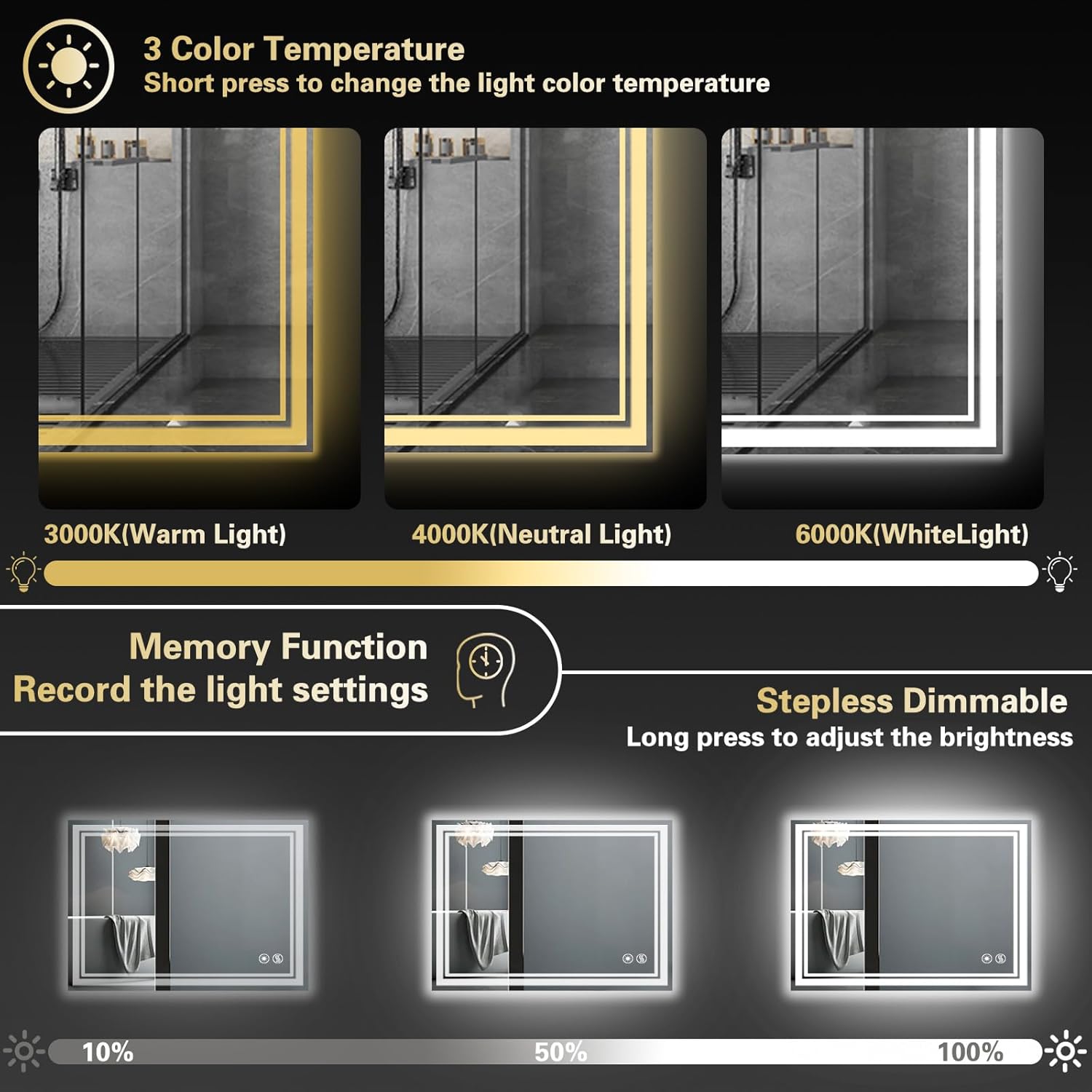 24 x 36'' LED Bathroom Mirror with Lights Anti-Fog Dimmable 3 Colors Stepless Brightness LED Mirror for Bathroom Lighted Vanity Mirror Wall Mounted Horizontal/Vertical