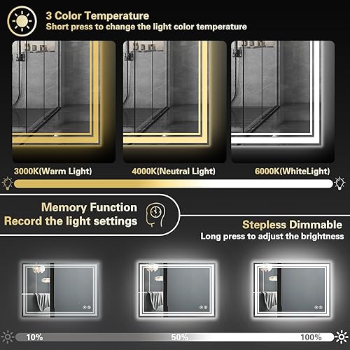 Miniatura 4 de Espejo LED de baño con luces de 24 x 36 pulgadas, antiniebla, regulable, 3 colores frontal y retroiluminado, espejo LED para baño, espejo iluminado