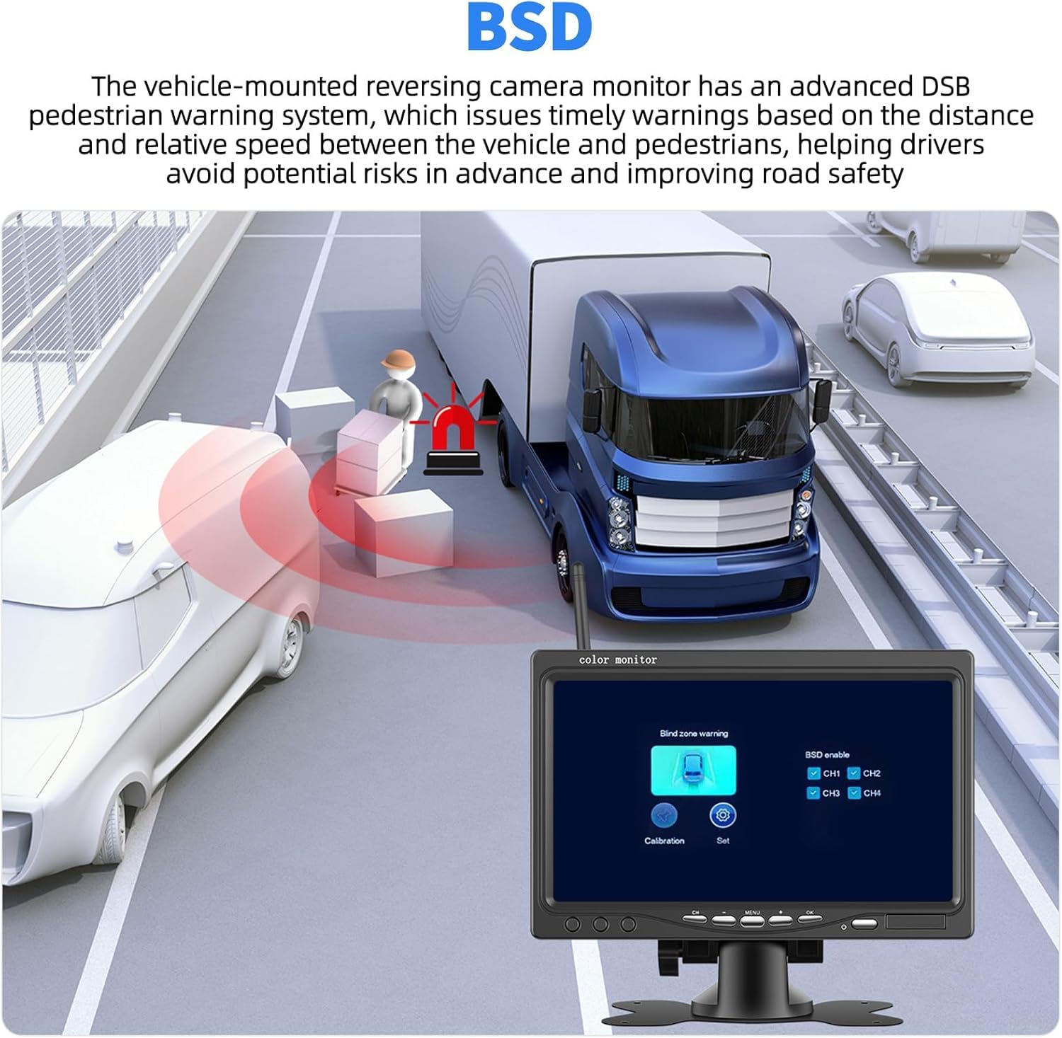 Telecamera di retromarcia senza fili 1080p per campeggio car schermo 7 pollici 4 canali visione notturna impermeabile IP69 per camion, camper, furgone, SUV, pick-up, con BSD