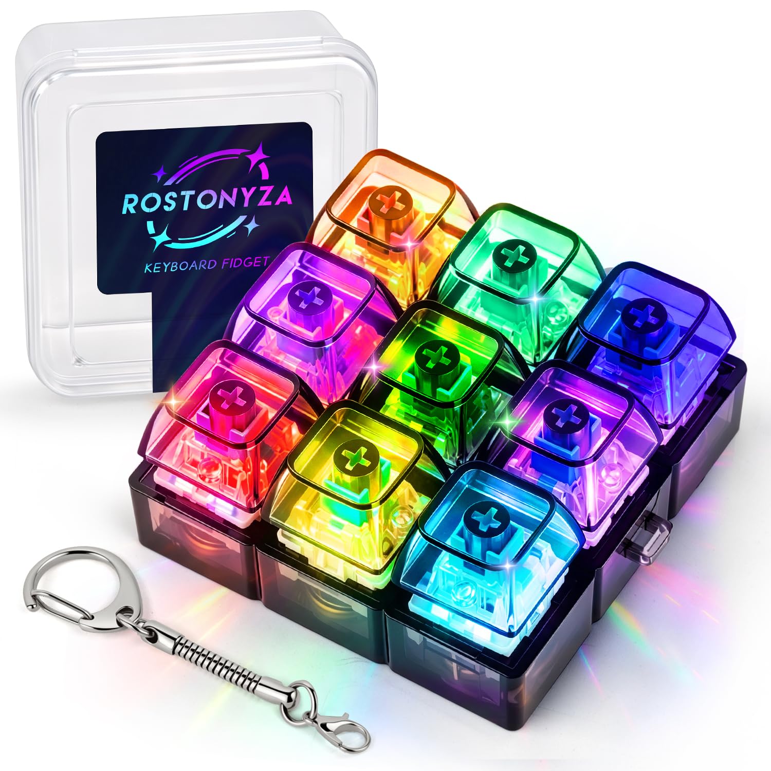 9-in-1 Glow Keyboard Fidget Toy, Fidget Clicker Keyboard Fidget Keychain with LED Light, Button Fidget Gifts for Adults, Boost Focus & Calm Anxiety at Work, Travel (Transparent Black)