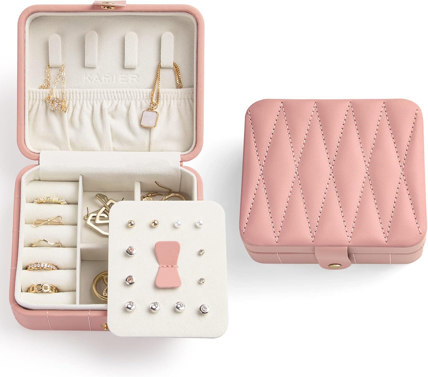 KAMIER Jewelry Travel Case, Diamond Quilted Leather Portable Jewelry Boxes for Women Girls Gift, Small Jewelry Box Organizer for Necklaces, Bracelet, Earrings, Rings (Pink)