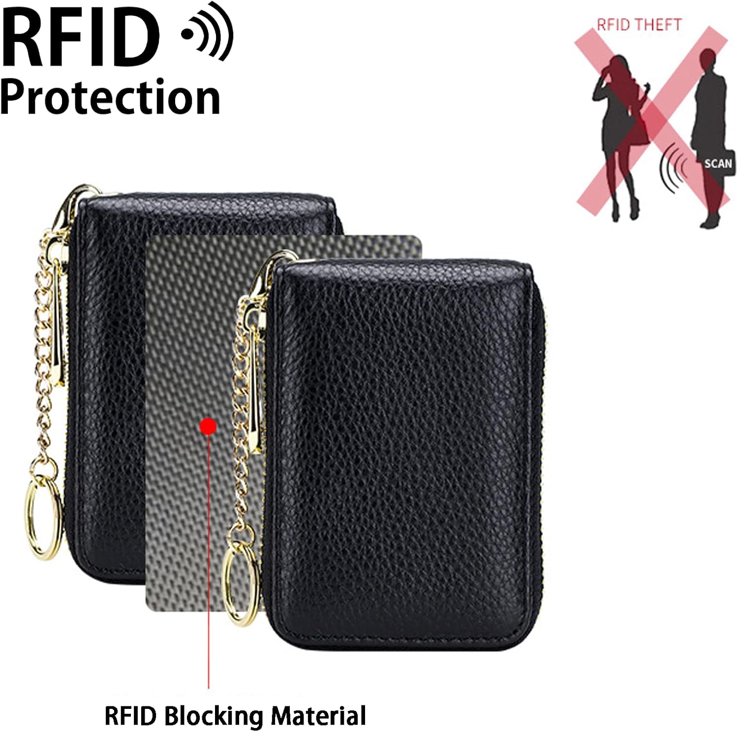 Zipper Wallet Women Slim Credit Card Wallet Accordion Card Holder Compact Size KeyChain Wallet (Black)