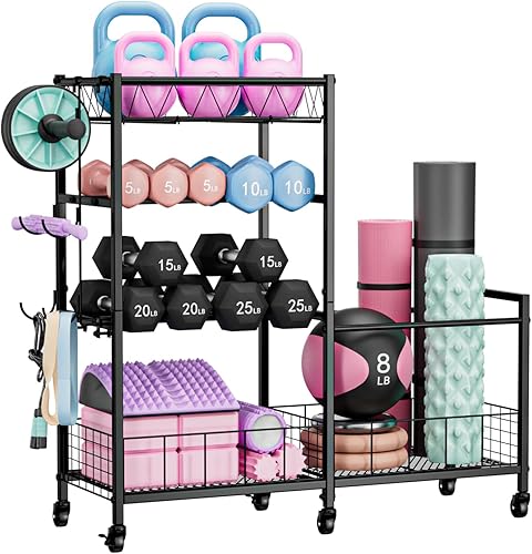 Dumbbell Rack, Home Gym Weight Rack Storage, Adjustable Dumbbell Stand Organizer with Wheels, Holds Dumbbells, Kettlebells, Yoga Mats