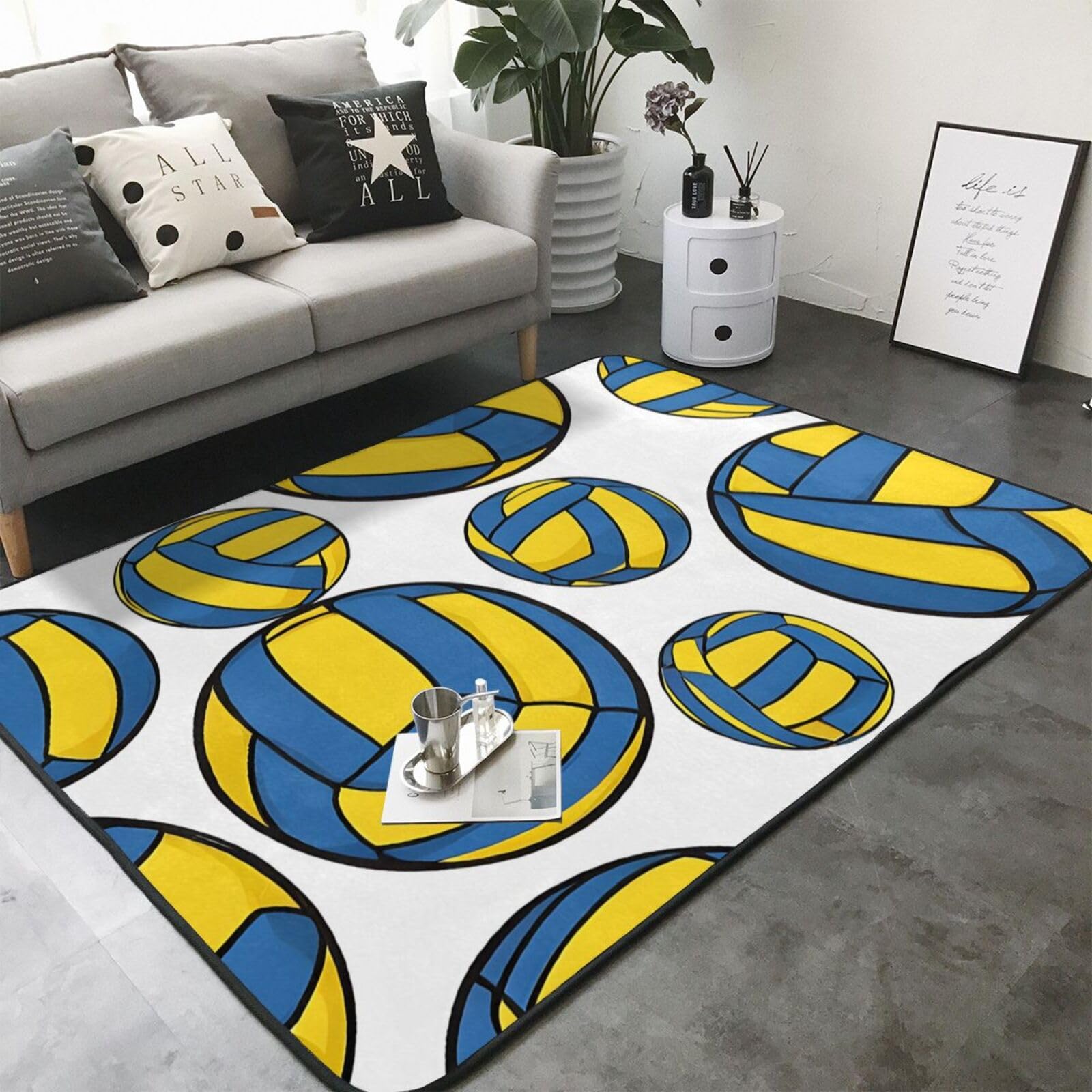 Yellow and Blue Volleyball Print Living Room Anti Slip and Absorbent Carpet, Indoor Bedroom Bed Floor Mat, Ultra Soft Washable Carpet 80x58 in